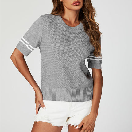 Striped Detail Knitted T-Shirt with Crew Neck In Grey