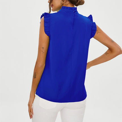 Frill Trim Sleeve High Neck Blouse Top In Royal Blue