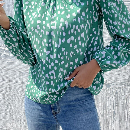 Animal Print Frill Detail High Neck Top In Green