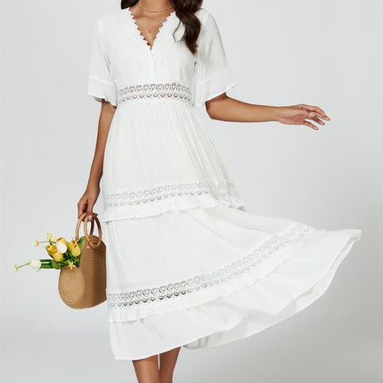 V Neck Lace Detail Midi Dress In White