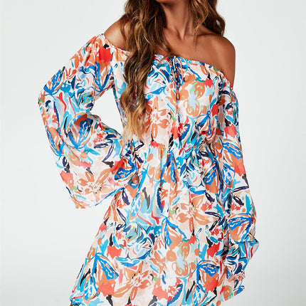 Flute Sleeve Bardot Dress With Tie Detail In Orange