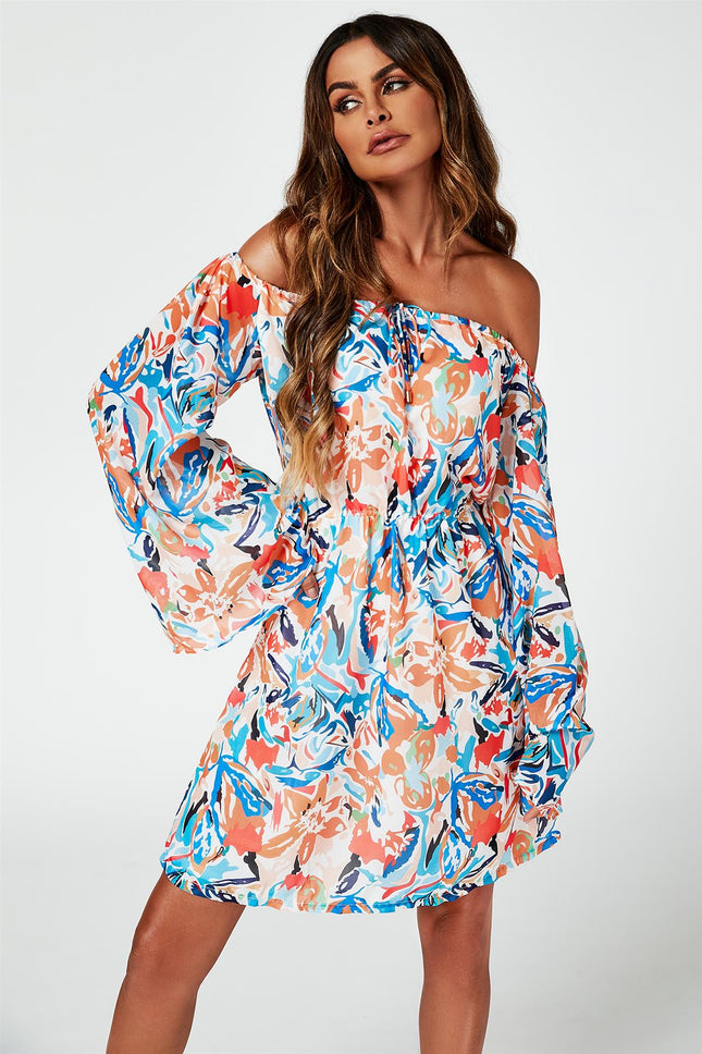 Flute Sleeve Bardot Dress With Tie Detail In Orange