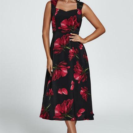 Floral Print Heart Neck Midi Dress In Black