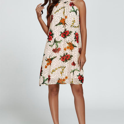 Floral Print Halter Neck Tie Back Mini Dress In Off White