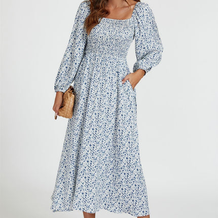 Floral Print Square Neck Maxi Dress In Light Blue