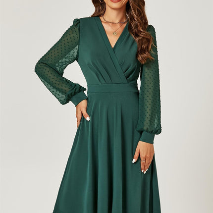 Long Chiffon Sleeve Pleated Midi Dress In Dark Green