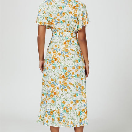 Floral Print Angel Sleeve Wrap Midi Dress In Yellow