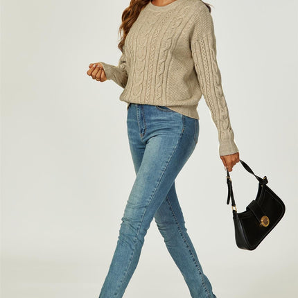 Cable Knit Crew Neck Jumper In Taupe