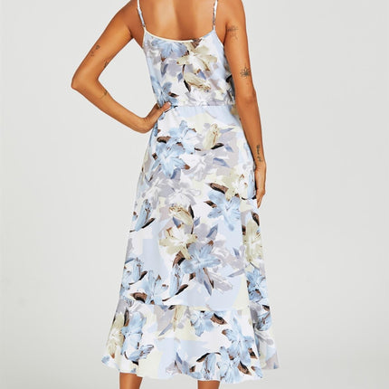 Floral Print Button Down High Low Strappy Dress In Blue