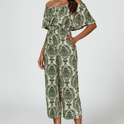 Off The Shoulder Print Frill Jumpsuit In Green