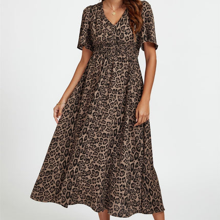 Leopard Print V Neck Midi Dress In Brown