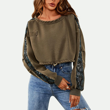 Oversized Sequin Detail Cropped Sweatshirt In Khaki