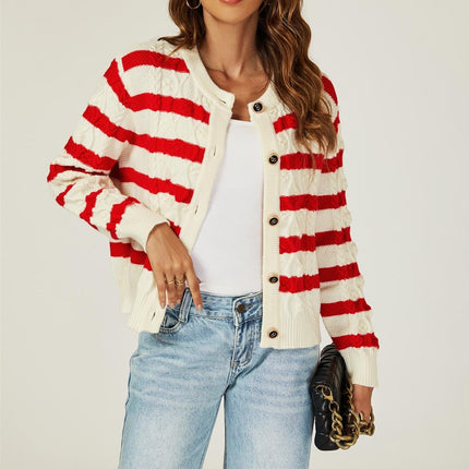Stripe Pattern Knitted Cardigan In Red