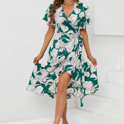 Angel Sleeve Wrap Midi Dress In Green