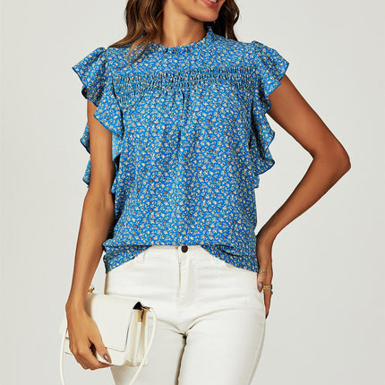Floral Print Frill Hem Short Sleeve Blouse Top In Blue