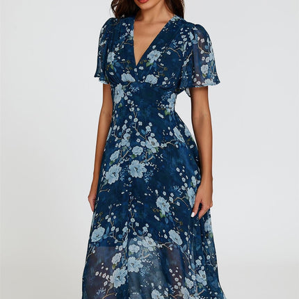 Floral Print Midi V neckline Dress In Navy