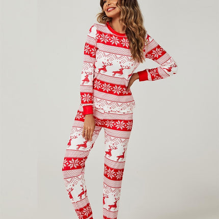 Christmas Long Sleeve SweatShirt Top & Trousers Co Ord Pyjama Sets In White & Red Snow Reindeer