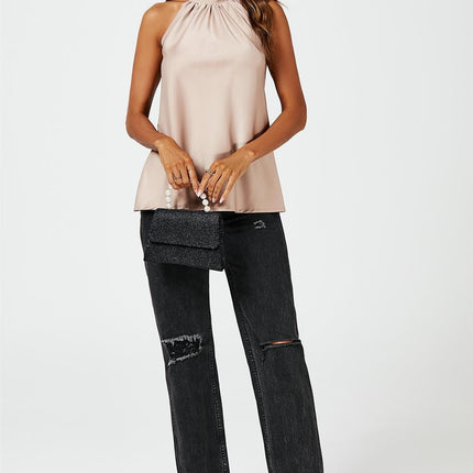 Satin Halter Neck Tie Back Top In Light Brown