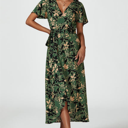 Abstract Floral Wrap Maxi Dress In Olive