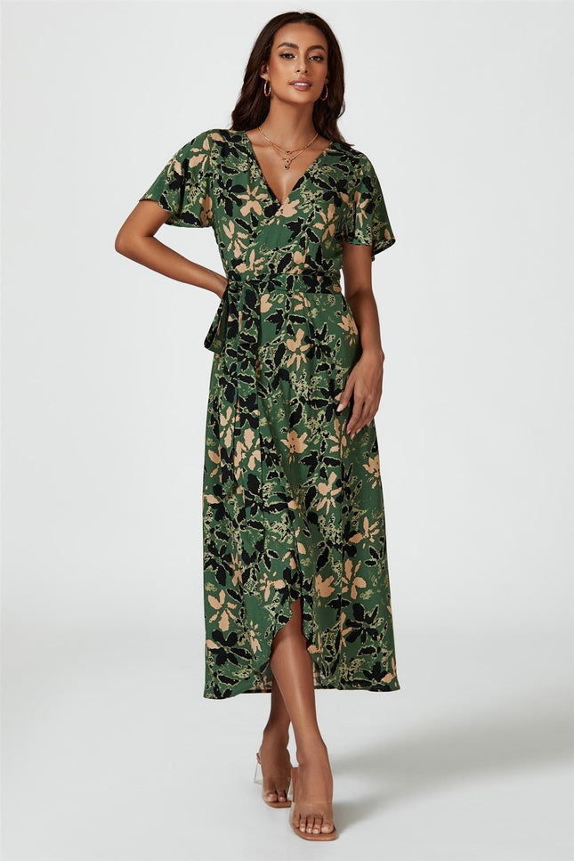Abstract Floral Wrap Maxi Dress In Olive