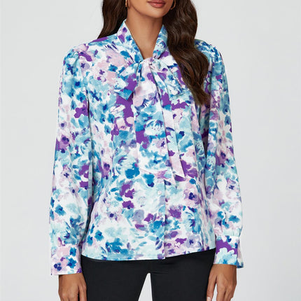 Abstract Floral Print Tie Detail long sleeve Blouse Top In Blue