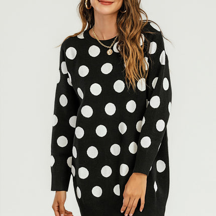 Knitted Tunic Mini Jumper Dress With Polka Dot Pattern