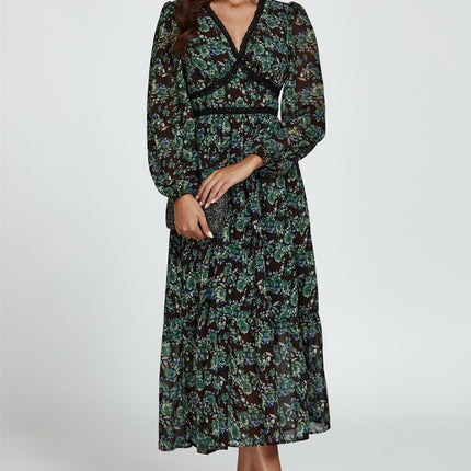Floral Print Long Sleeve Midi Dress In Brown