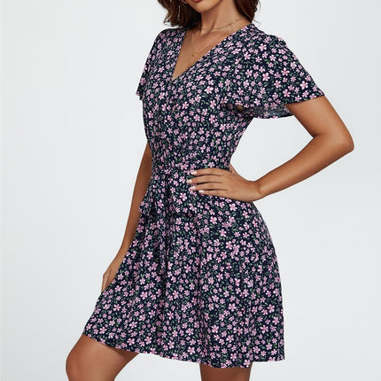 Floral Print Hem Tiered Wrap Mini Dress In Navy
