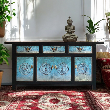 Vintage Asia Orientalische Kommode Sideboard Schrank Türkisblau - Art. 34372-5