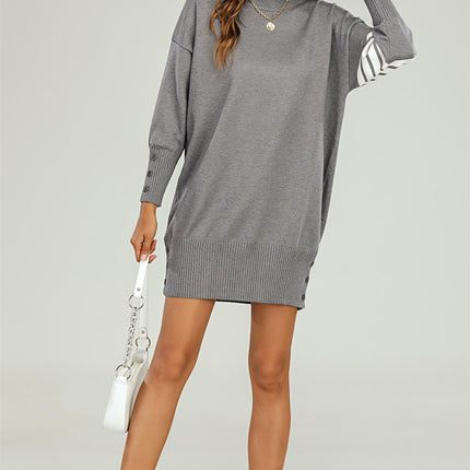 Knitted Tunic Jumper Dress With White Stripe In Grey
