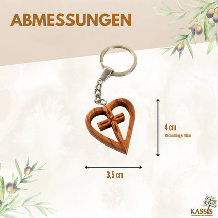 Schlüsselanhänger Kreuz im Herz aus Olivenholz | Liebevoller Glücksbringer als Geschenk zur Taufe, Kommunion & Geburtstag