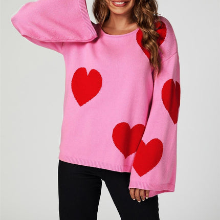 Wide Sleeve Oversize Red Jumper With Pink Heart