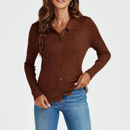 Morgan collar Double Breasted Knit Top In Brown