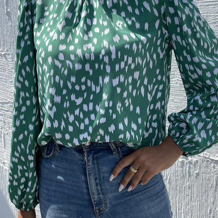 Animal Print Frill Detail High Neck Top In Green