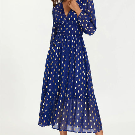 Lace Trim Foil Long Sleeve Maxi Dress In Royal Blue