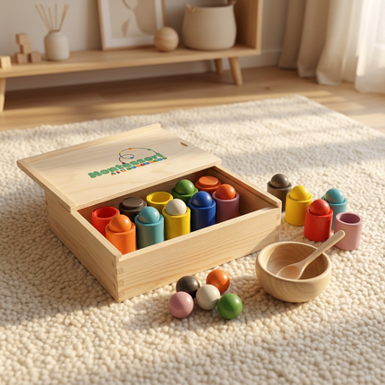 Montessori Kugel Sortier- und Zuordnungsspiel aus Holz mit 12 Farben – Puzzle für Farberkennung & frühkindliche Bildung