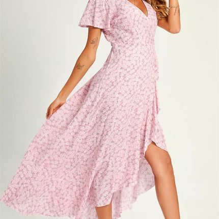 Summer Floral Print Hem Wrap Midi Dress In Pink