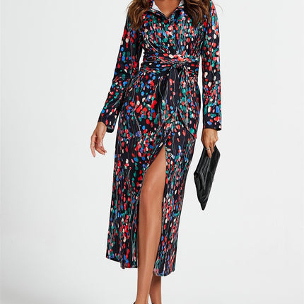 Abstract Floral Print Shirt Midi Wrap Dress In Black