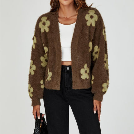 Flowers Pattern Knitted Cardigan In Brown