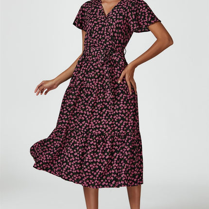 Pink Floral Print Wrap Midi Dress In Black