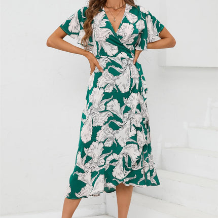 Angel Sleeve Wrap Midi Dress In Green