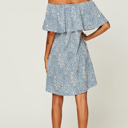 Leopard Print Bardot Frill Off Shoulder Mini Dress In Blue