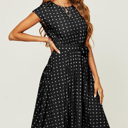 Polka Dot Sleeveless Pleated Midi Dress In Black