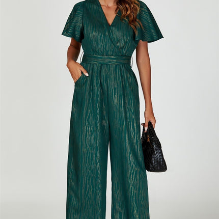 Gold Foil Print Wrap Top Jumpsuit In Green