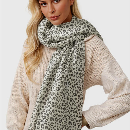 Black Leopard Print Tassel Scarf In White