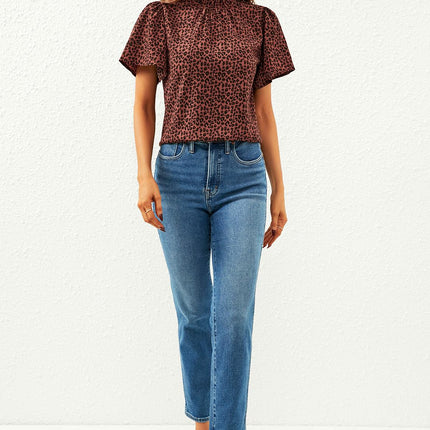 Leopard Print Angel Sleeve High Neck Top/Blouse In Rusty