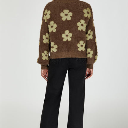 Flowers Pattern Knitted Cardigan In Brown