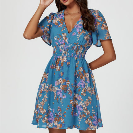 Floral Print Short Sleeve Mini Dress In Blue