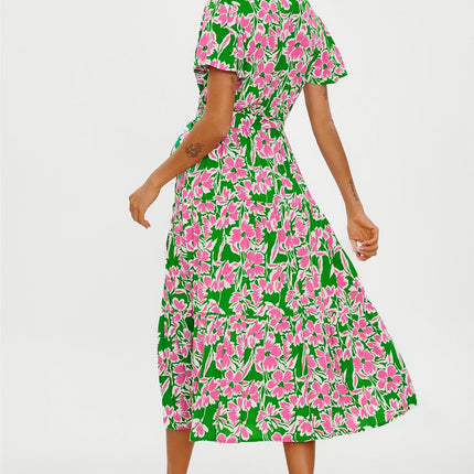 Pink Floral Print Hem Tiered Wrap Midi Dress In Green
