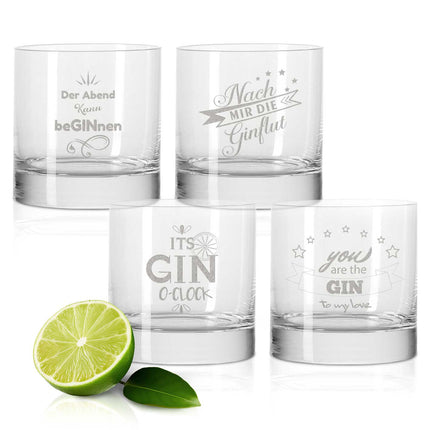 SEO. 4er Set Montana GIN - Gläser - Party - Set - Verschiedene GIN - Sprüche - GIN - Liebhaber - Linkreich